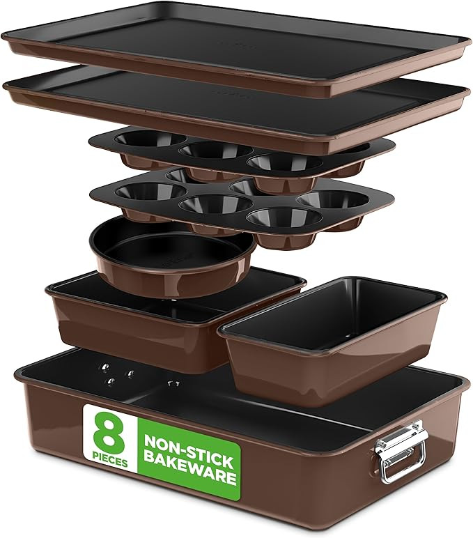 NutriChef 8-Piece Nonstick Stackable Bakeware Set - PFOA, PFOS, PTFE Free Baking Tray Set w/Non-S... | Amazon (US)