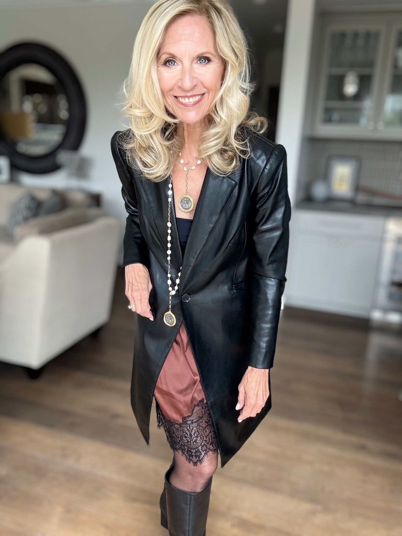 This is how I’m doing the lace slip skirt look. Would you wear this trend? Not for everyone, I get it. But for me this is how I’d do it.

Longer blazer that I can button, sheer black nylons to blend in with the lace and let just a bit of the lace show. This is definitely a dinner out, date night outfit for me.

Wear what you love. And have fun with it. You’re the boss at every age.

Follow me for more 50+ style

#LTKOver40 #LTKStyleTip