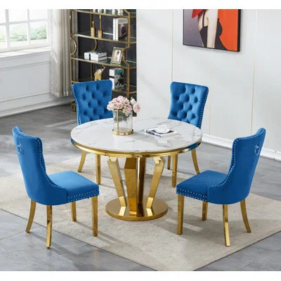 Round Dining Table Set, Faux Marble Dining Table & Velvet Chairs with Stainless Steel Pedestal, 44.88" Dining Room Table and Chairs Set, Luxury Circl | Wayfair North America