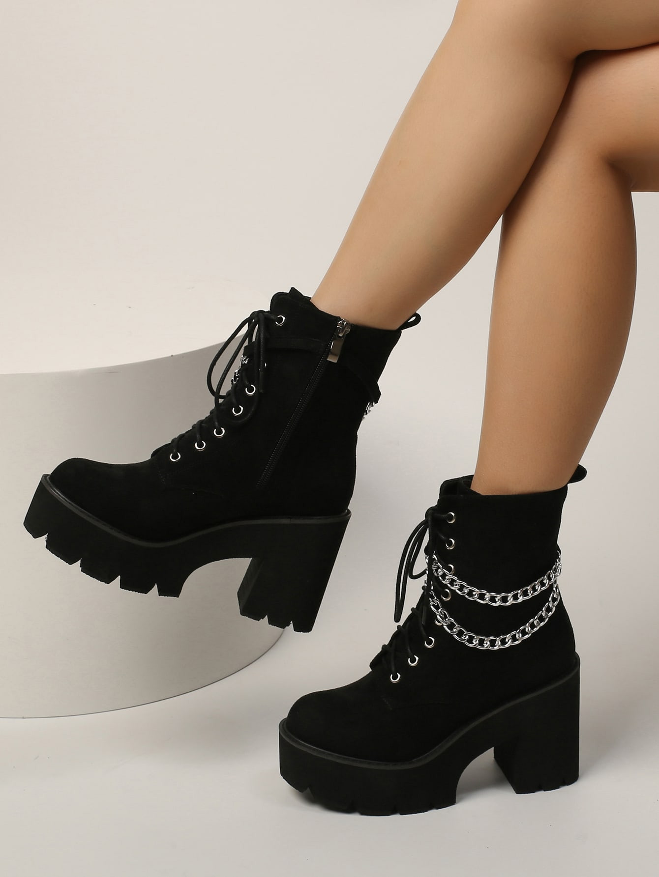 Women Minimalist Chain Decor Lace-Up Front Side Zip Faux Suede Platform  Chunky Heeled Combat Bo... | SHEIN