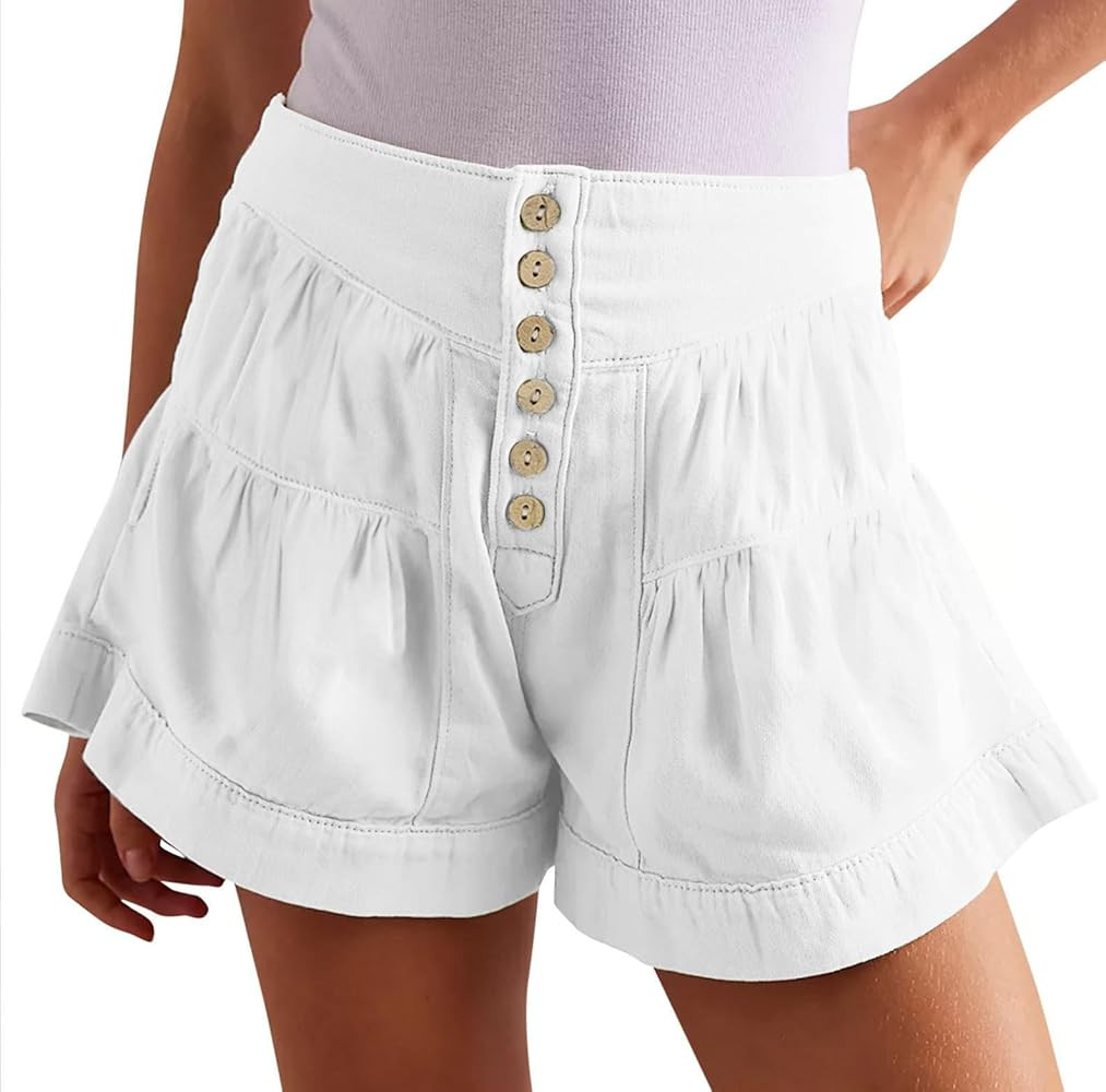 High Waisted Shorts Women 2024 Summer Fleur Denim Shorts Casual Flowy Shorts Buttons Ruffle Short... | Amazon (US)