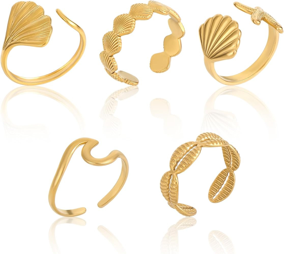 Mikovivi 5pcs Gold Seashell Rings for Women, Stylish Golden Adjustable Ocean Beachy Jewelry Shell... | Amazon (CA)