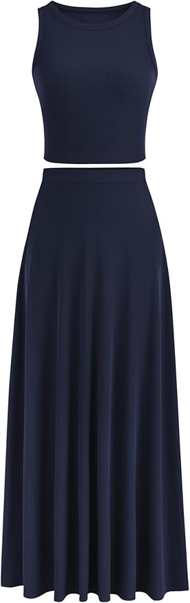 PRETTYGARDEN Women's 2 Piece Maxi Skirt Sets Casual Summer Knit Cropped Tank Top High Waisted Lon... | Amazon (US)