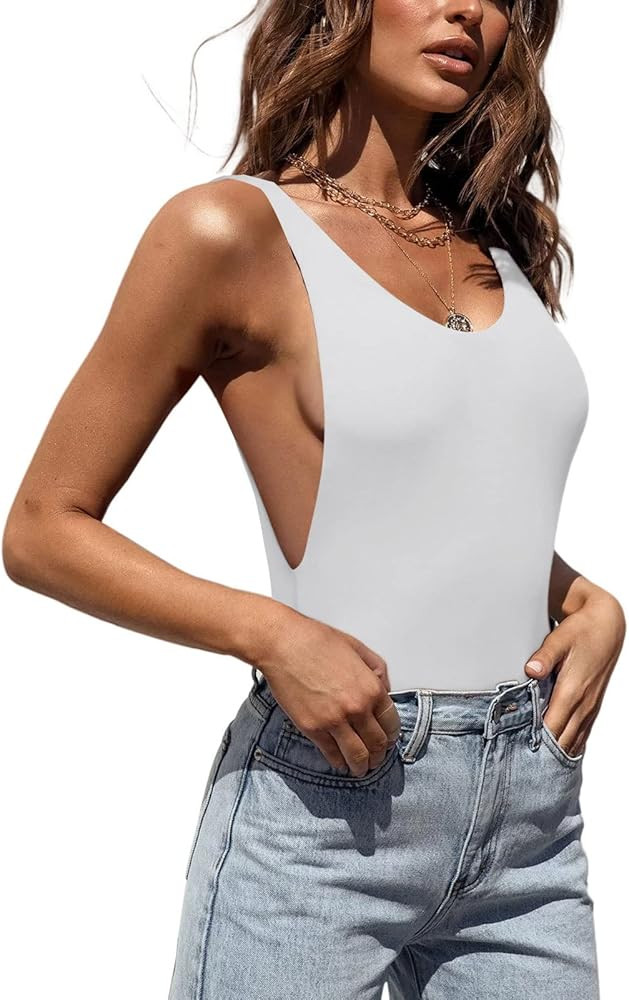 REORIA Women’s Sexy Scoop Neck Backless Sleeveless Double Lined Thong Tank Tops Bodysuits | Amazon (US)