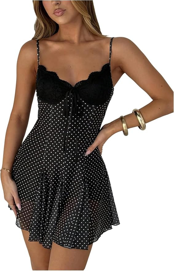 GORGLITTER Women's Y2k Polka Dots Mini Dress Lace Mesh Bow Tie Front V Neck A Line Coquette Dress... | Amazon (US)
