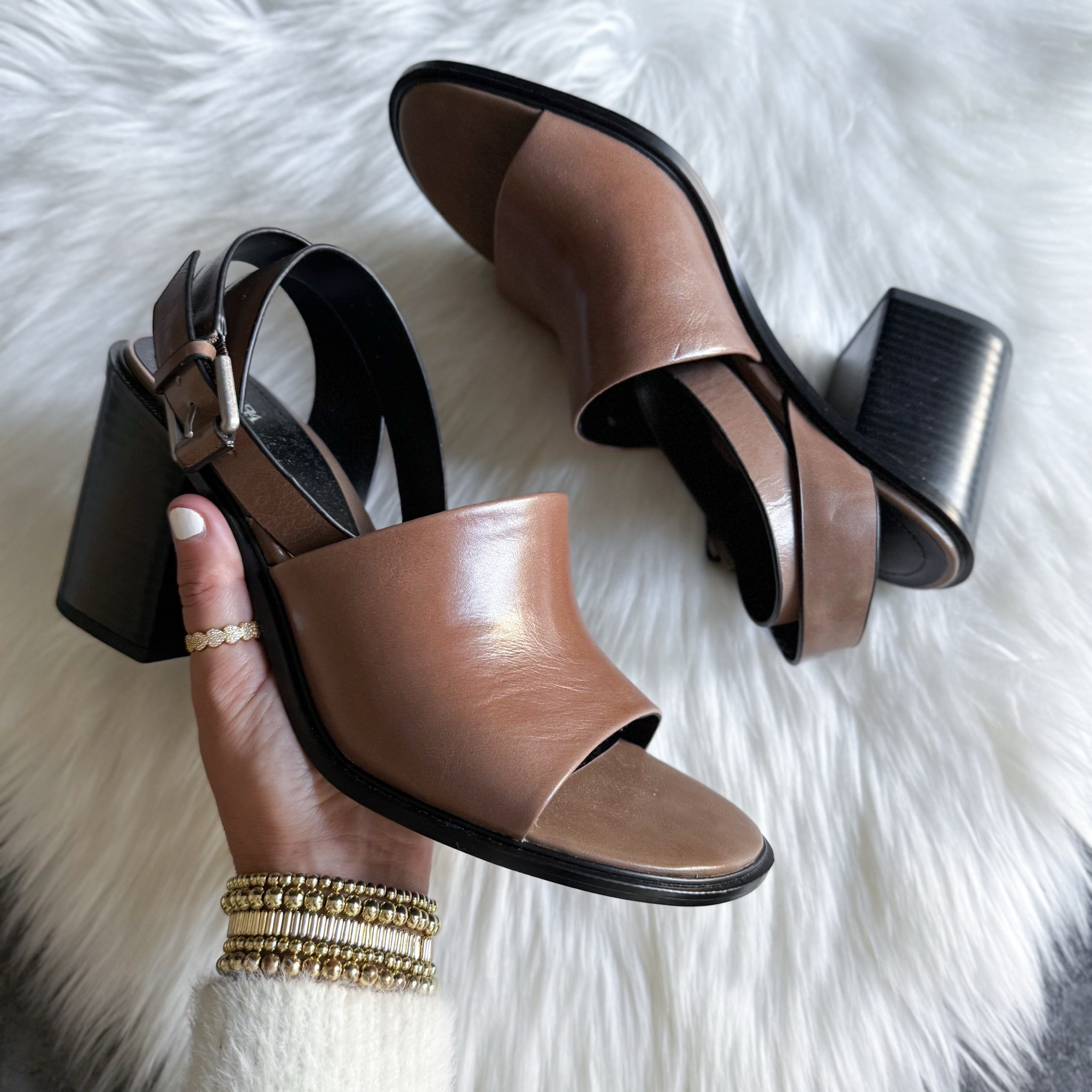 Chunky leather high heeled sandals size up 1/2 size 