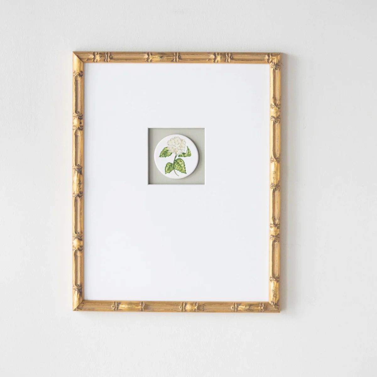 11x14 Antique Bamboo Framed White Hydrangea Original In Sage | Susan Gordon Pottery