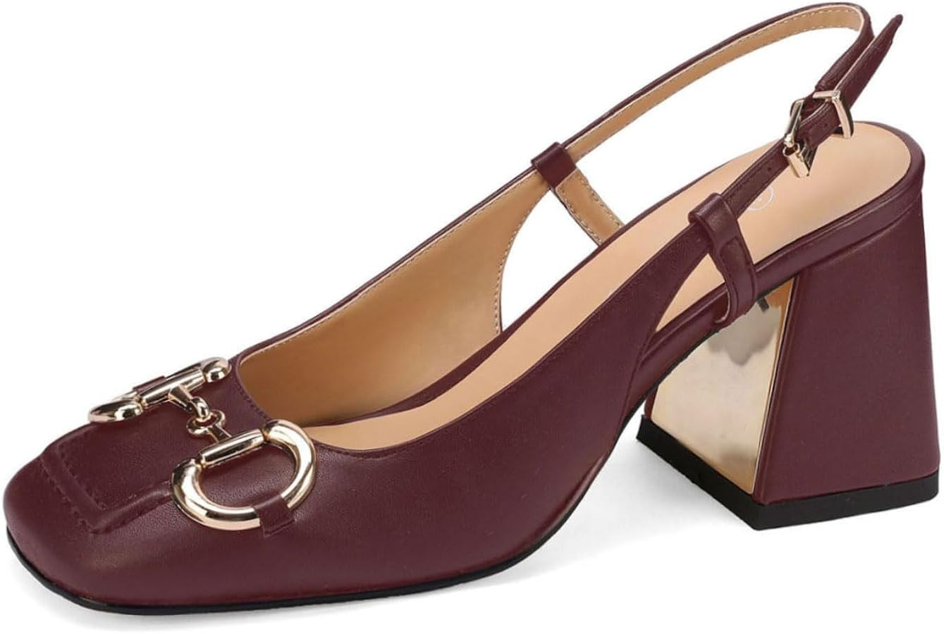Women's Fashion Square Closed Toe Slingback Pumps with Buckle Chic Gold Buckle Block Heel Slingba... | Amazon (US)