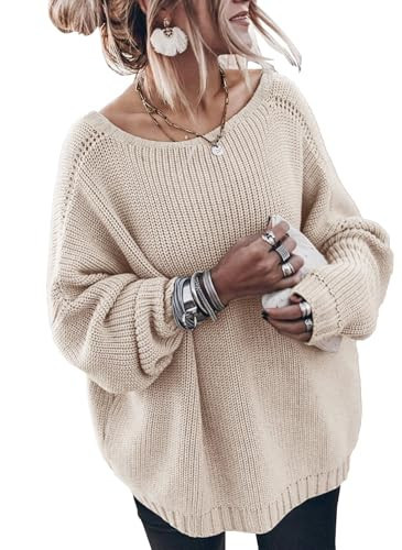 GUNEST Oversized Sweaters for Women Trendy Crew Neck Batwing Long Sleeve Casual Chunky Cotton Knit Tunic Sweater Cream L | Amazon (US)