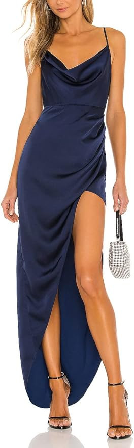 Aigeman Women's Sleeveless Spaghetti Straps Backless Satin Maxi Dress Sexy High Slit Cowl Neck Co... | Amazon (US)