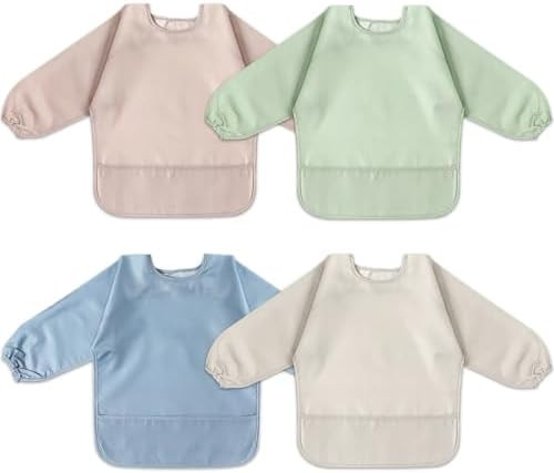 4 Pack Long Sleeve Bib, Waterproof Sleeved Smock for Baby Boy or Girl, Reusable Bib with Pocket, ... | Amazon (US)