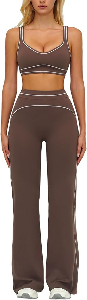 Womens Workout Set Two Piece U Back Color Block Sports Bra Matching High Waist Leggings Gym Work ... | Amazon (US)