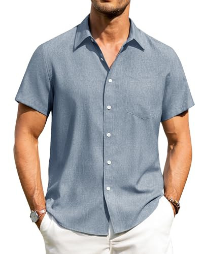 Alimens & Gentle Mens Linen Shirts Short Sleeve Button Down Shirts Wrinkle Free Casual Vacation Beach Summer Tops,Peacock Blue,XL | Amazon (US)