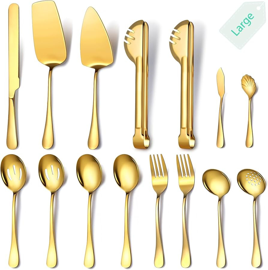 Gold Large Stainless Steel Serving Utensils Set 15 Pcs with 10" Serving Spoon,10" Slotted Spoons,... | Amazon (US)