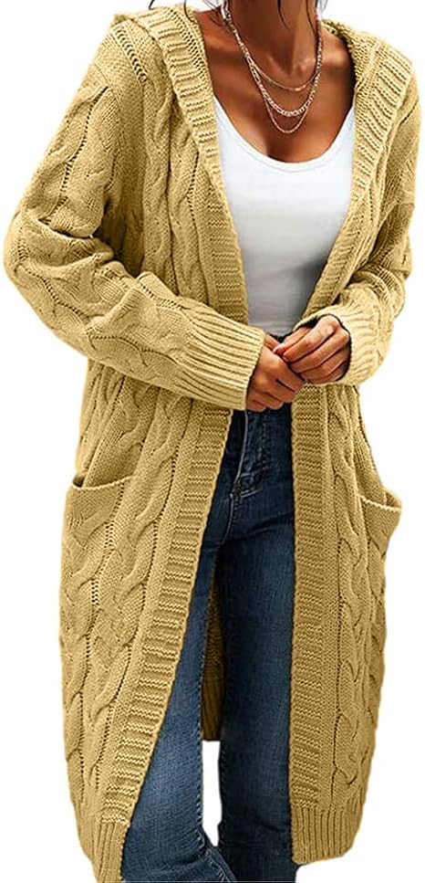 Women Hooded Open Front Cardigan Cable Knit Sweaters Solid Color Chunky Long Sweater Coats | Amazon (US)