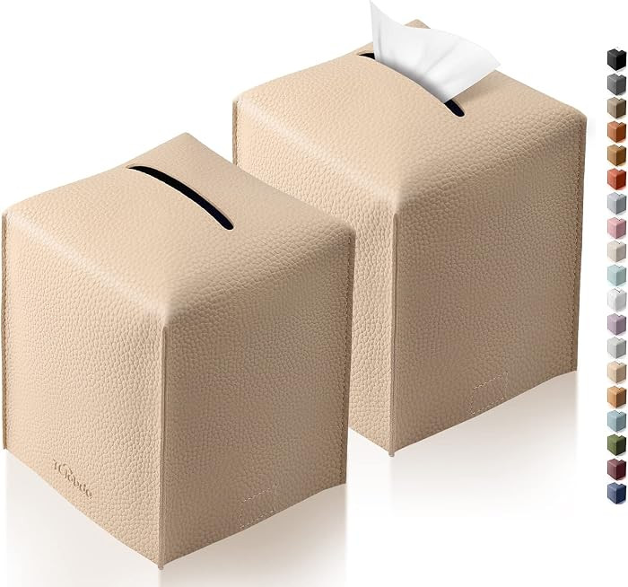 Tissue Box Cover, Tclouda, Modern PU Leather Square Tissue Box Holder for Creative Decorative, 2 Pack, Ideal for Bathrooms/Office/Car/Nightstand/Outdoor Tent/Dining Table, 5"X5"X5", Double Beige | Amazon (US)