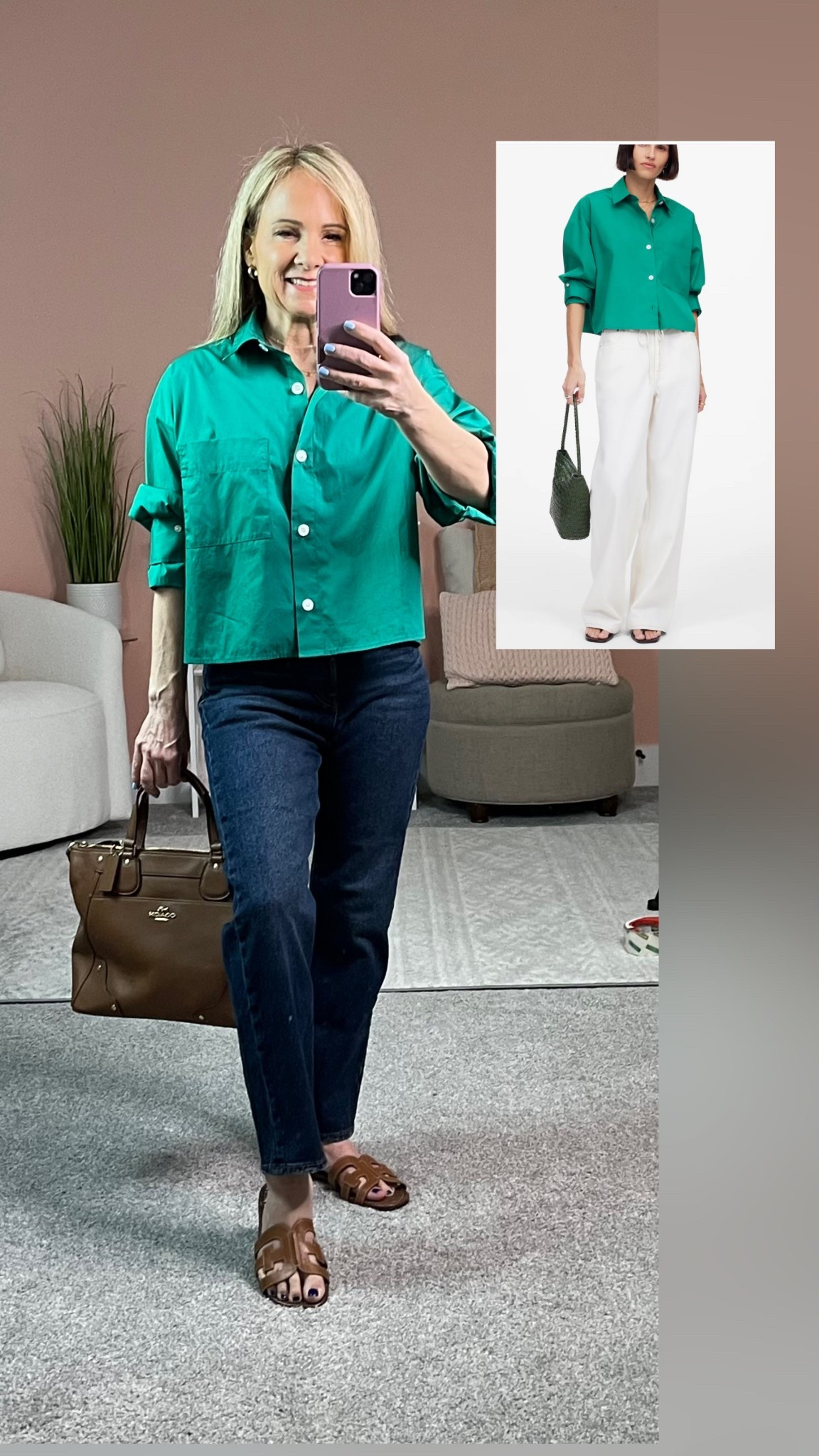 Love this cropped button down, so petite friendly.  And a gorgeous color!  Wearing XS.  Style is oversized.  I recommend sizing down. 

#LTKPetite #LTKOver40