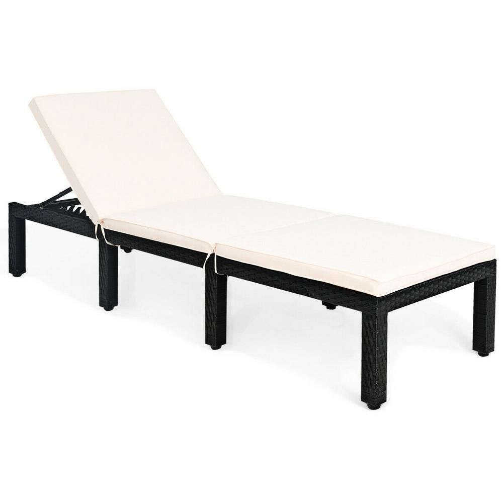 WELLFOR Black Metal Outdoor Chaise Lounge with White Cushions Adjustable Backrest | The Home Depot