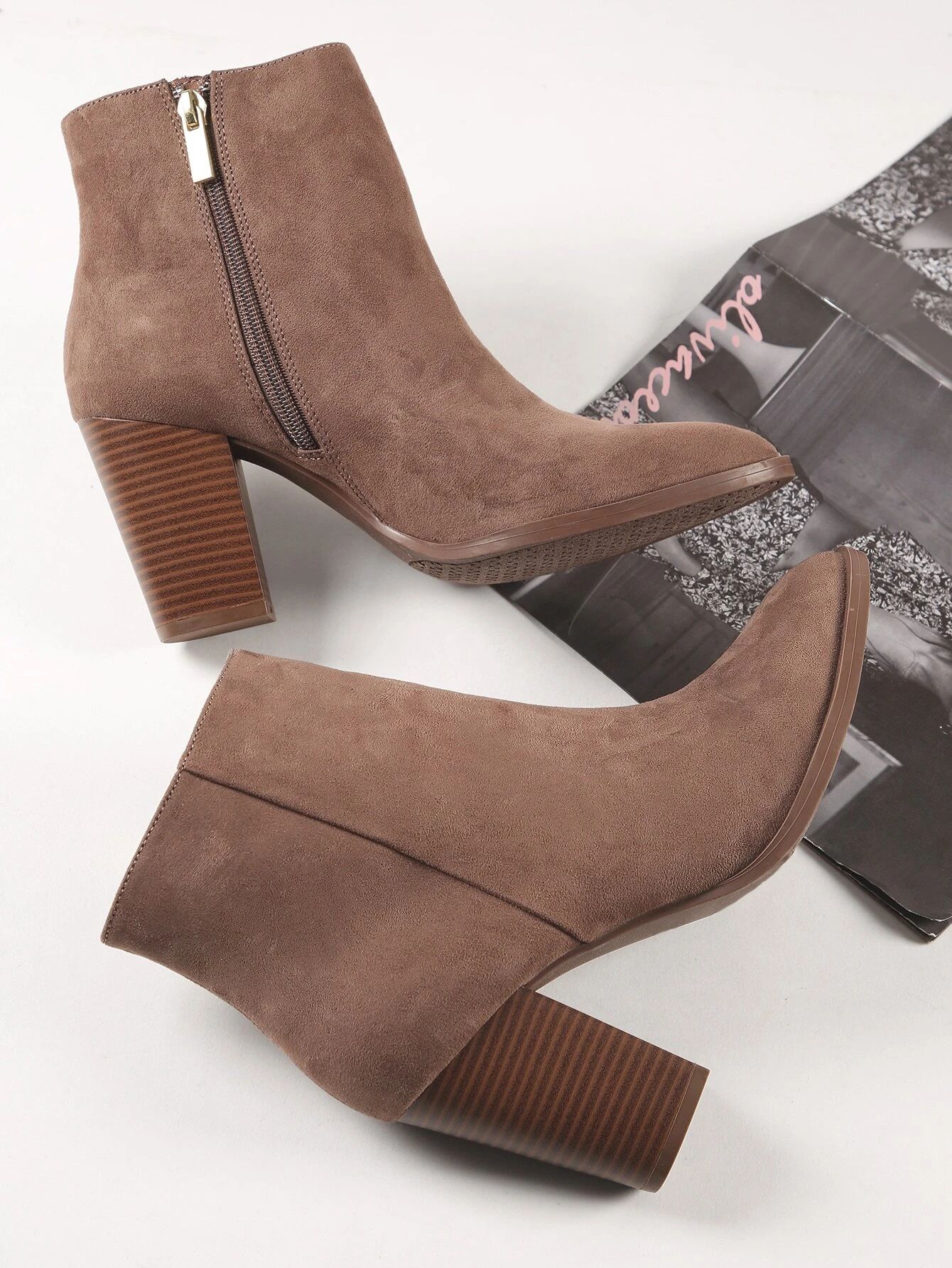 Pointed Toe Chunky Stacked Heel Ankle Booties | SHEIN