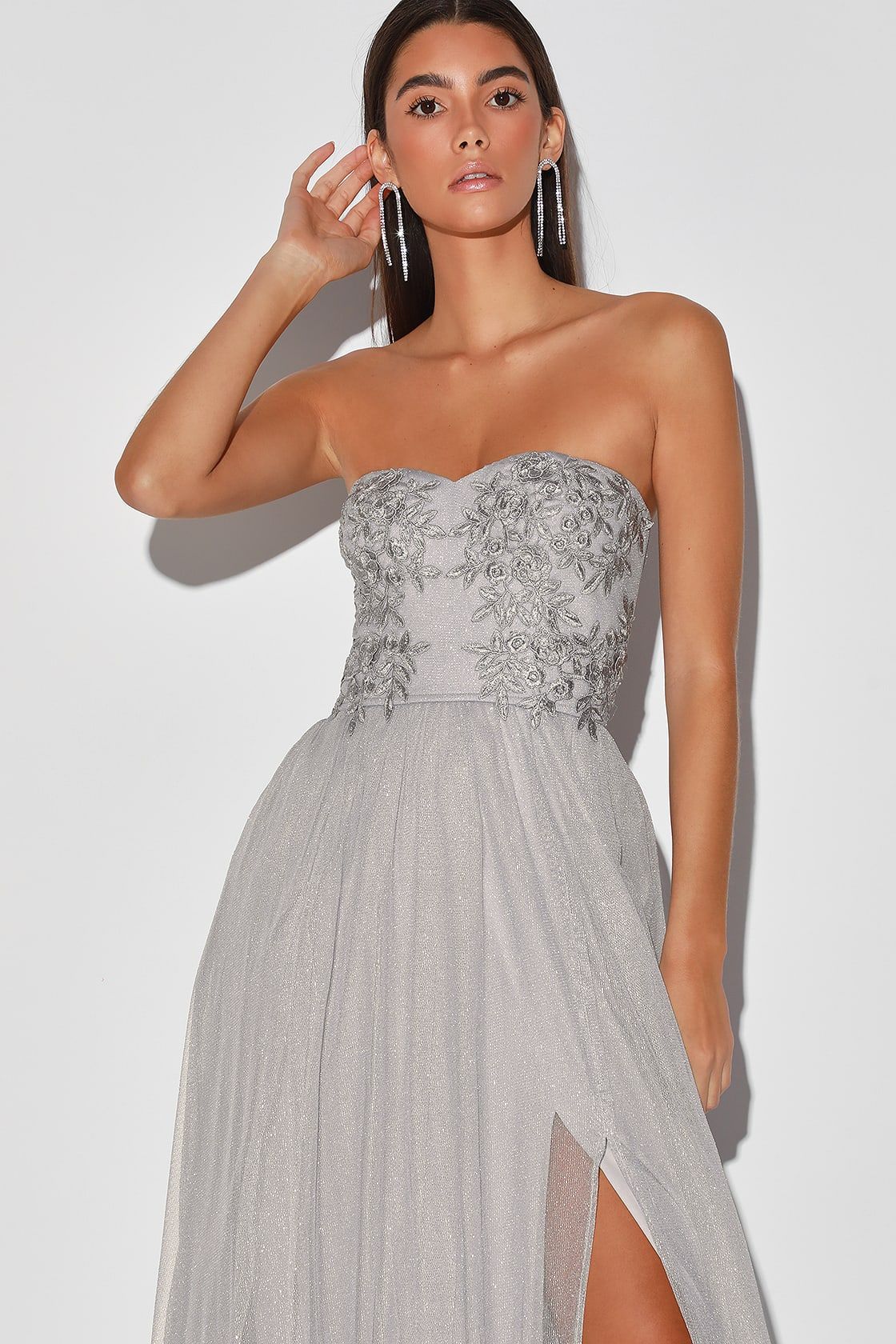 Midnight Dreamer Grey Embroidered Strapless Maxi Dress | Lulus (US)