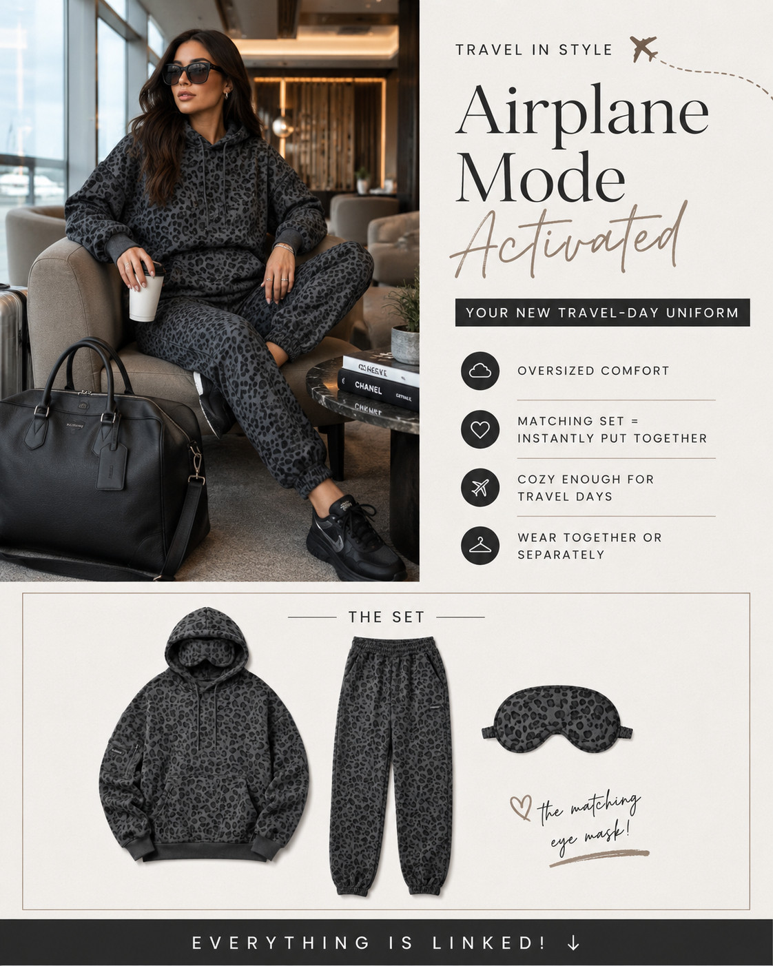 The Comfrt Airplane Mode Set in Panther is the airport outfit that makes oversized comfort look instantly put together. 🖤✈️

The Panther colorway gives this matching hoodie and sweatpant set a dark, elevated leopard look that stands out without being difficult to style. 

The signature oversized hoodie creates that relaxed Comfrt fit, while the coordinating joggers make the entire outfit feel intentionally styled with zero effort.

Wear this Comfrt Airplane Mode sweatsuit for flights, airport lounges, road trips, weekend getaways, coffee runs, errands, lounging, or any day comfort is nonnegotiable. 

Add black sneakers, oversized sunglasses, a structured travel bag, and the matching eye mask for the ultimate off-duty airport outfit.

It’s cozy enough for a long travel day, cool enough to wear after landing, and easy to mix with leggings, denim, tanks, or neutral basics. 

The Panther color is the statement neutral everyone will ask about—and it’s not one I’d wait on.

📌 SAVE the Panther Airplane Mode Set before your size sells out!

Everything is linked! ↓

#LTKActive #LTKSaleAlert #LTKTravel