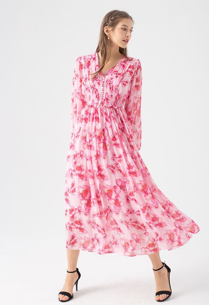 Delicate Floral Shirred Maxi Dress in Hot Pink | Chicwish
