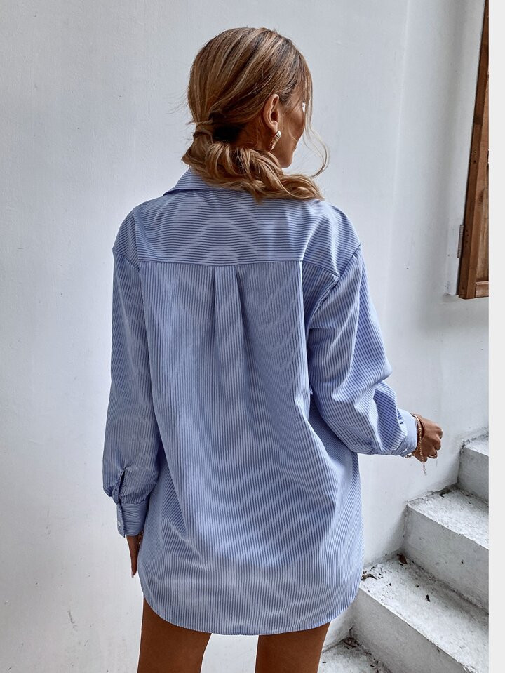 SHEIN Frenchy Vertical Stripe Pocket Patched Longline Blouse | SHEIN