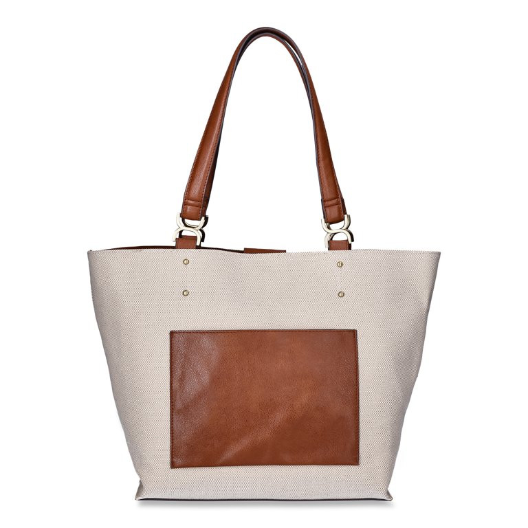 Time and Tru Women's Raya Canvas Tote Bag, Natural Cognac - Walmart.com | Walmart (US)