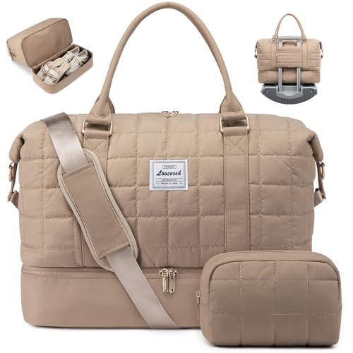 LOVEVOOK Travel Duffel Bag - Versatile Weekender Bag for Women, Puffer Carry On & Overnight Bag for Short Trips, Coffee Brown | Amazon (US)