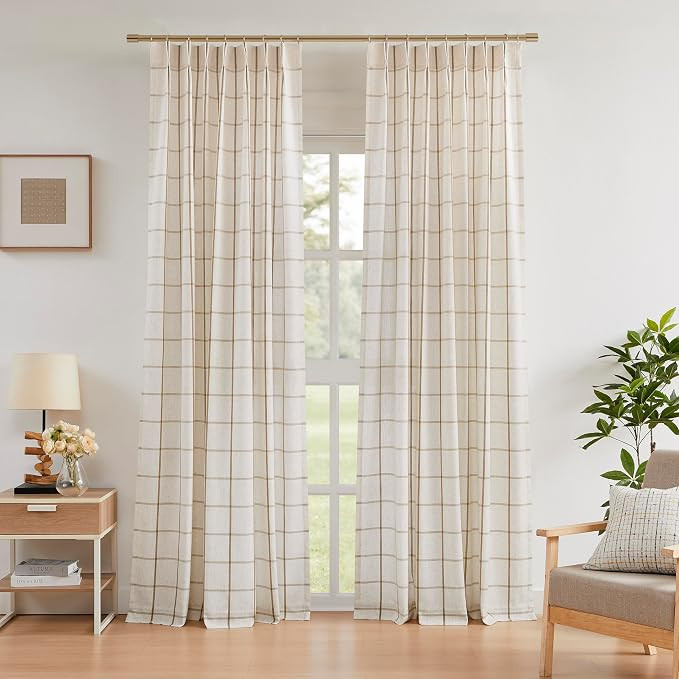 Vision Home Natural Linen Plaid Pinch Pleated Semi Sheer Curtains Checkered Light Filtering Windo... | Amazon (US)