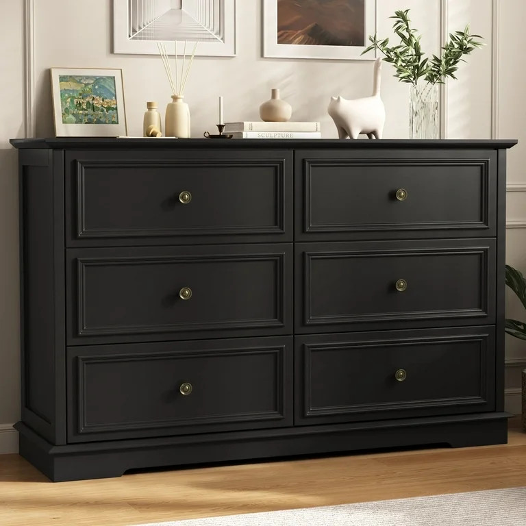 IDEALSOUL Black Dresser,6 Drawer Dresser for bedroom,Retro Wood Storage Cabinet for Living Room | Walmart (US)