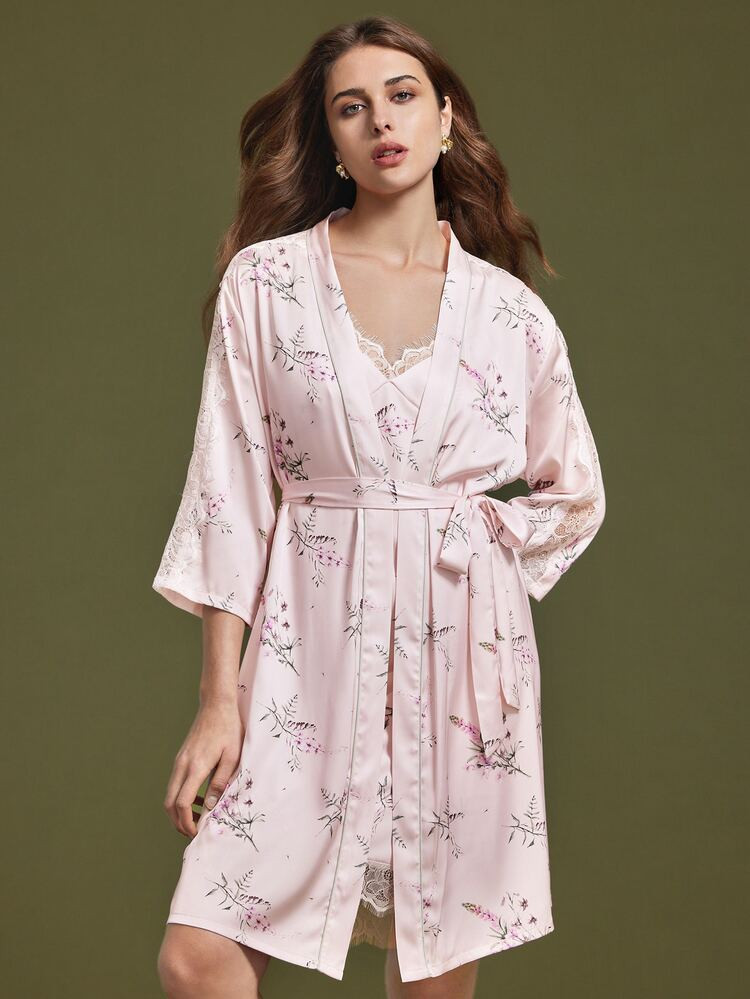 Luvlette Floral Print Eyelash Lace Panel Belted Satin Robe Without Nightdress | SHEIN