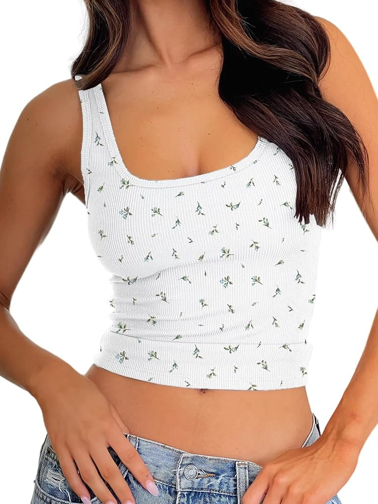 Danysu Women Rib Tank Top Padded Workout Top Square Neck Crop Tank Fitted Basic Cami Tops | Amazon (US)