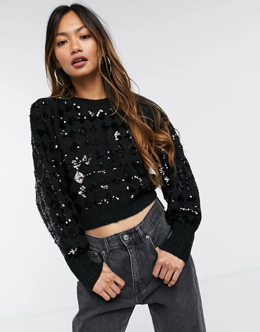 & Other Stories sequin detail puff sleeve sweater in black | ASOS (Global)