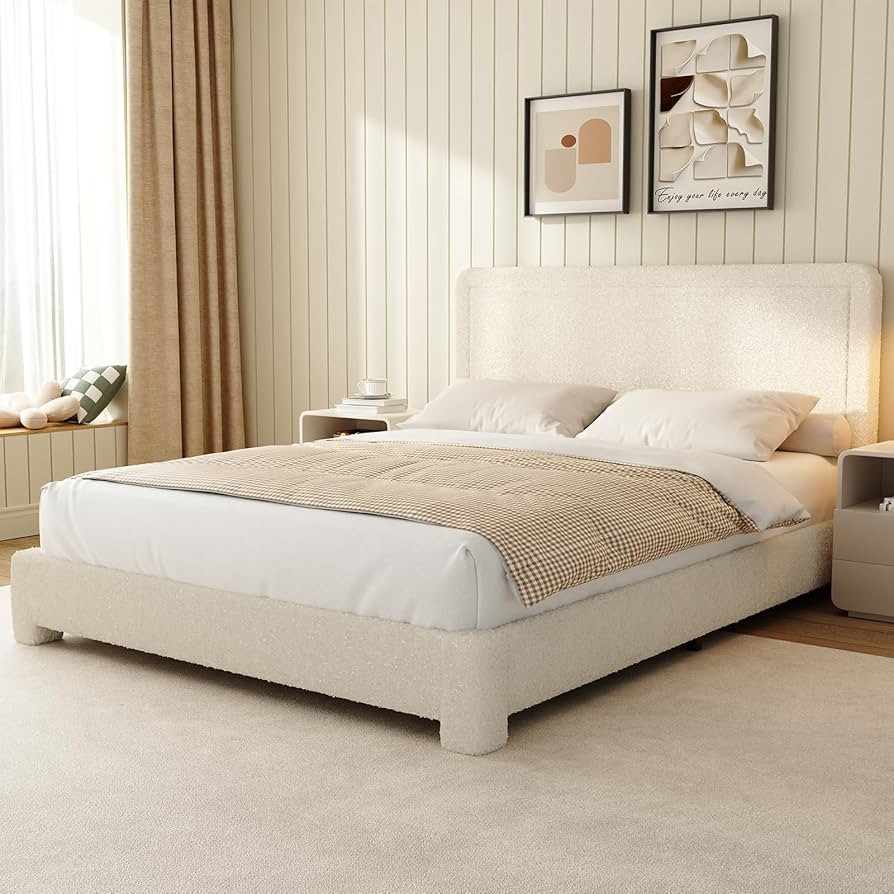 Full Size Boucle Bed Frame, Upholstered Cloud Bed Frame with Headboard, Soft Rounded Corners, No ... | Amazon (US)