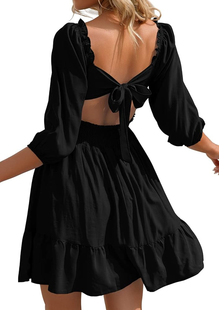 Phortric Womens Summer Tie Back Dress Square Neck Lantern Sleeve Off Shoulder A-Line Casual Mini ... | Amazon (US)