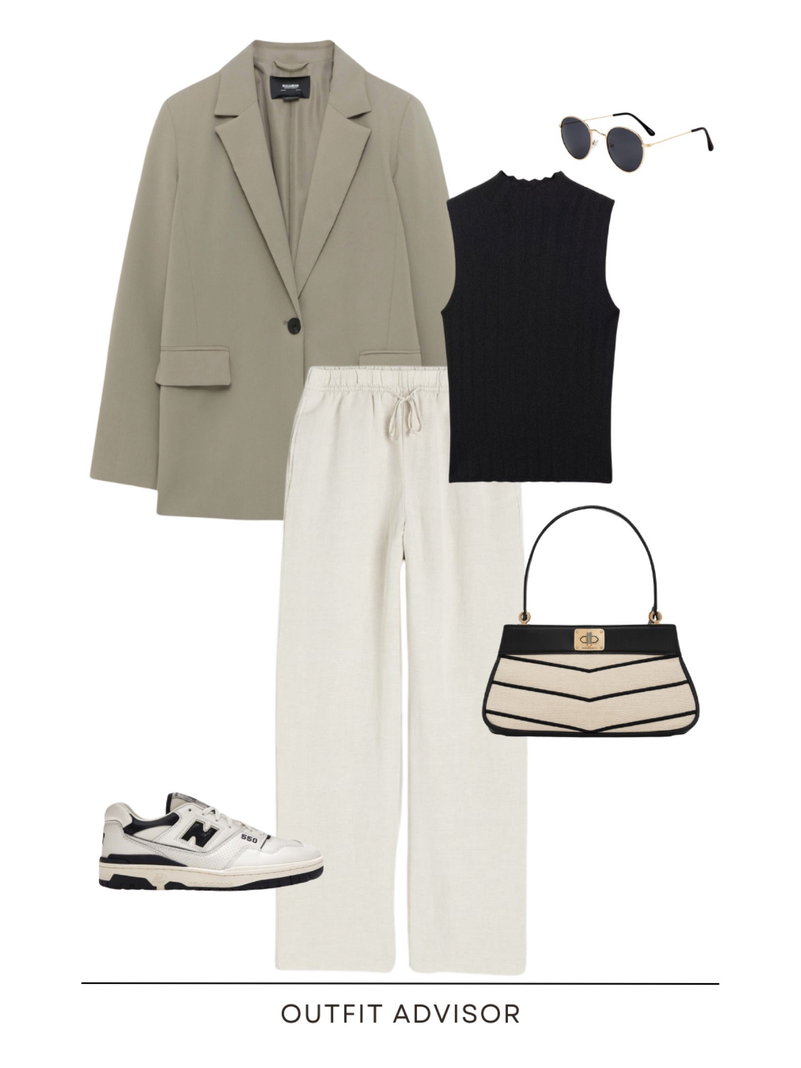 Casual work outfit: linen wide leg trousers, olive green blazer, black sleeveless top, new balance sneakers, aviator sunglasses and a canvas Charles & Keith bag

#LTKstyletip #LTKitbag #LTKworkwear