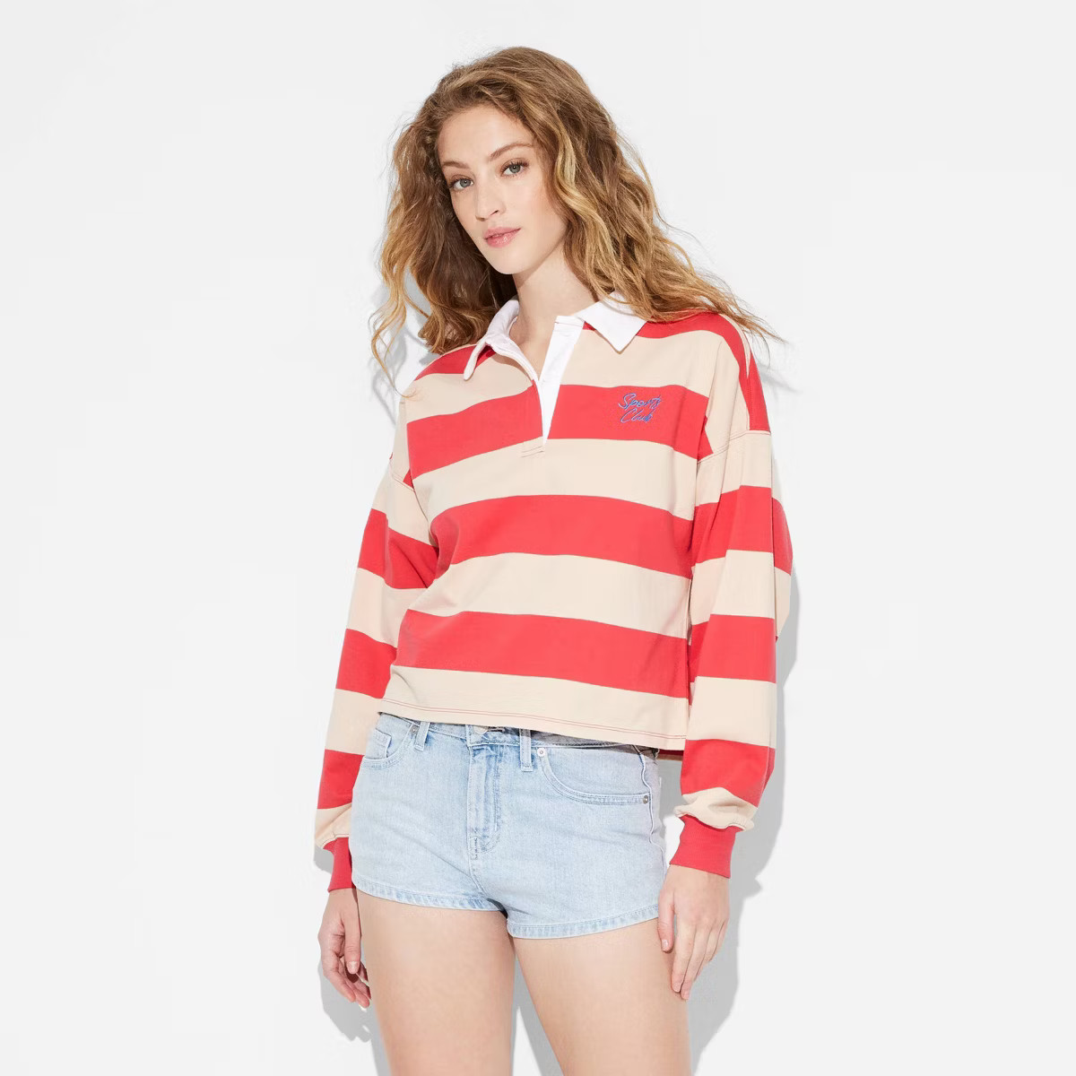 Women's Long Sleeve Graphic Jersey Polo T-Shirt - Wild Fable™ Red Striped 1X | Target