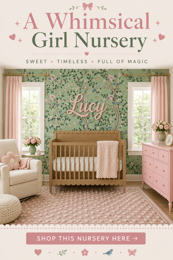 Design the sweetest whimsical girl nursery with enchanting floral wallpaper, a beautiful wood crib, custom name sign, bl