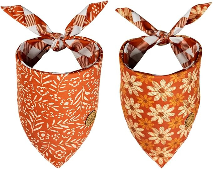 CROWNED BEAUTY Fall Dog Bandanas Reversible Large 2 Pack, Flower Set, Buffalo Plaid Adjustable Tr... | Amazon (US)