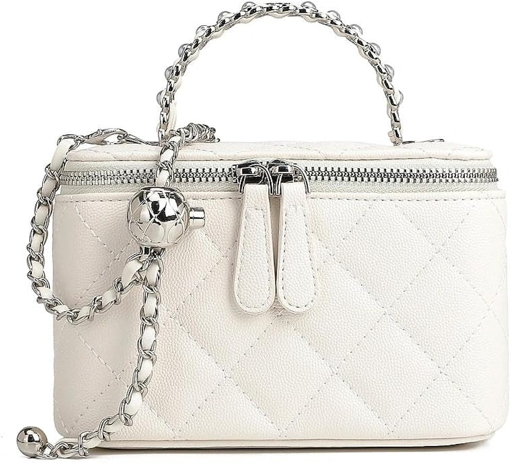 Quilted Vanity Bag for Women, Mini Box Crossbody Purse with Pearl Chain Top Handle, Designer-Insp... | Amazon (US)