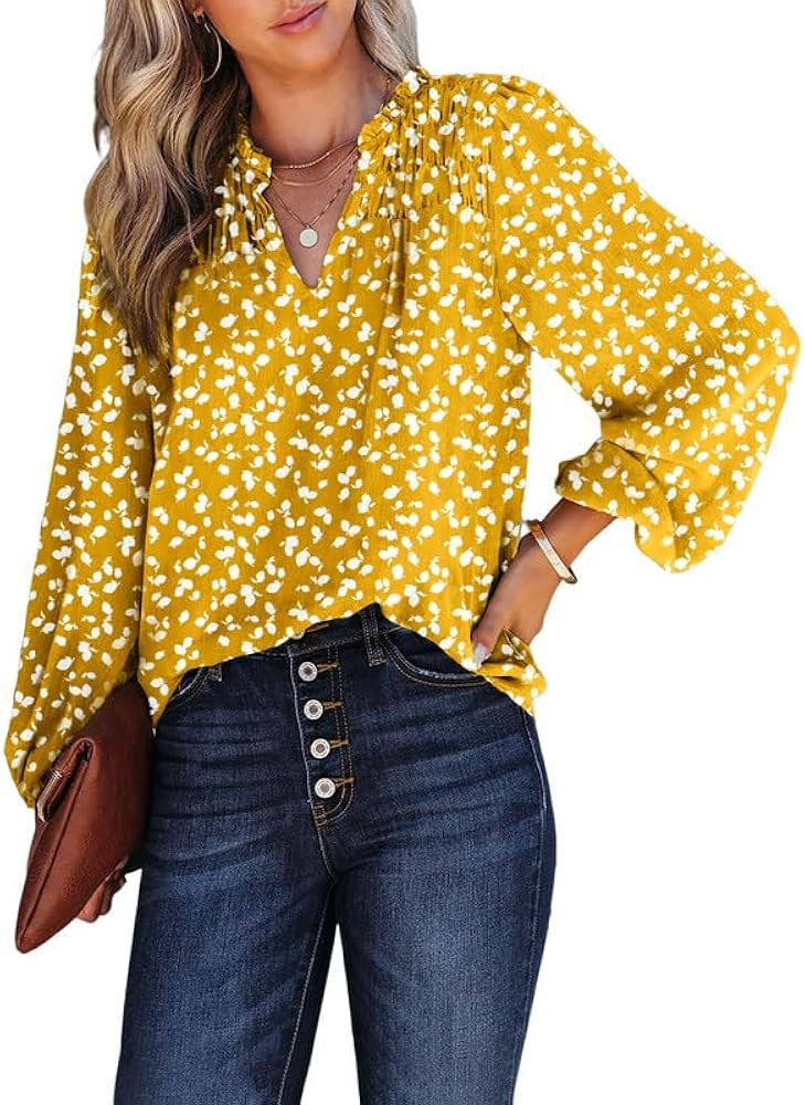 Dokotoo Women's Casual V Neck Alicia Floral Print Smocked Long Sleeve Chiffon Blouses Bohemian To... | Amazon (US)