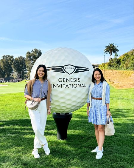 What to wear to a golf tournament as a spectator. We channeled country club chic, preppy vibes with a striped button down & shirt dress with a sweater over the shoulders for the Genesis Invitational ⛳️ 

Grace (left) outfit details:
- Uniqlo button down (linked similar)
- Uniqlo camel sweater (linked similar)
- Aritzia Dashwood pants
- Cole Haan Grand Pro sneakers
- Polene Dix bag

Jo (right) outfit details:
- Ralph Lauren dress
- Edited Pieces belt
- Uniqlo sweater
- Cole Haan Grand Pro sneakers
- Naghedi St Barthes mini tote bag

Women’s golf fashion, golf clothes, golf tournament outfit, country club outfit

#LTKSeasonal #LTKstyletip