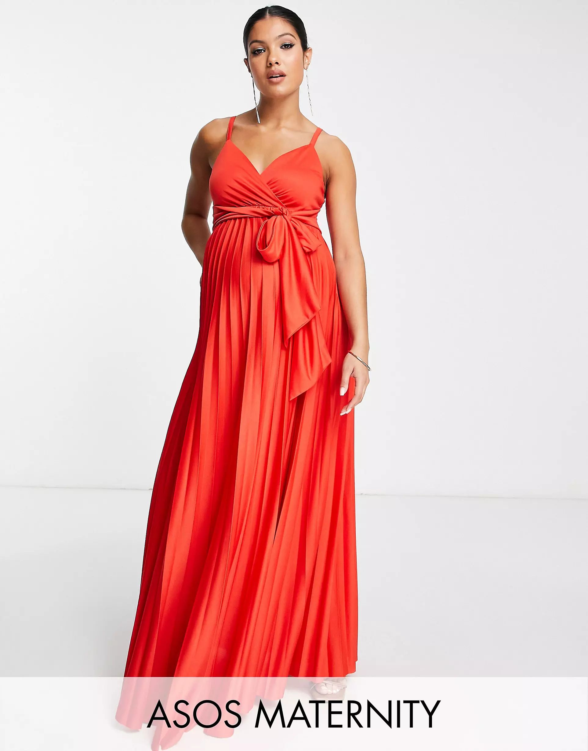 ASOS DESIGN Maternity cami plunge tie belted maxi dress in red | ASOS (Global)