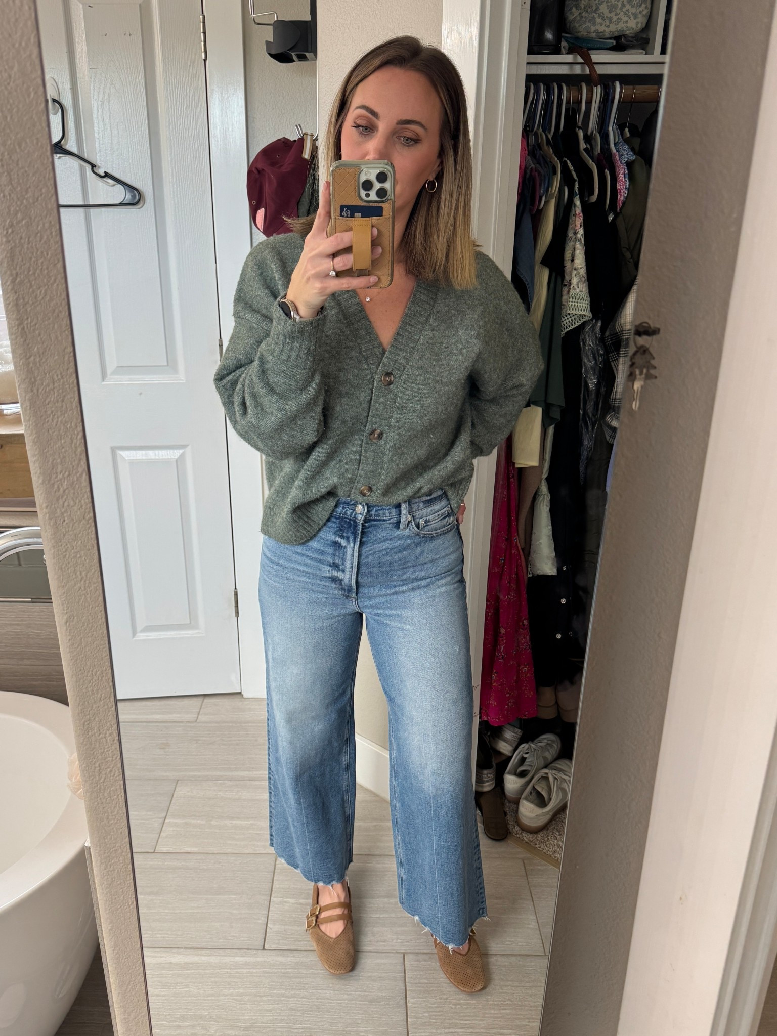 Sweater is old from Old Navy. Size 28 jeans, not much stretch in the waist and they don’t stretch out with wear. Shoes TTS. 