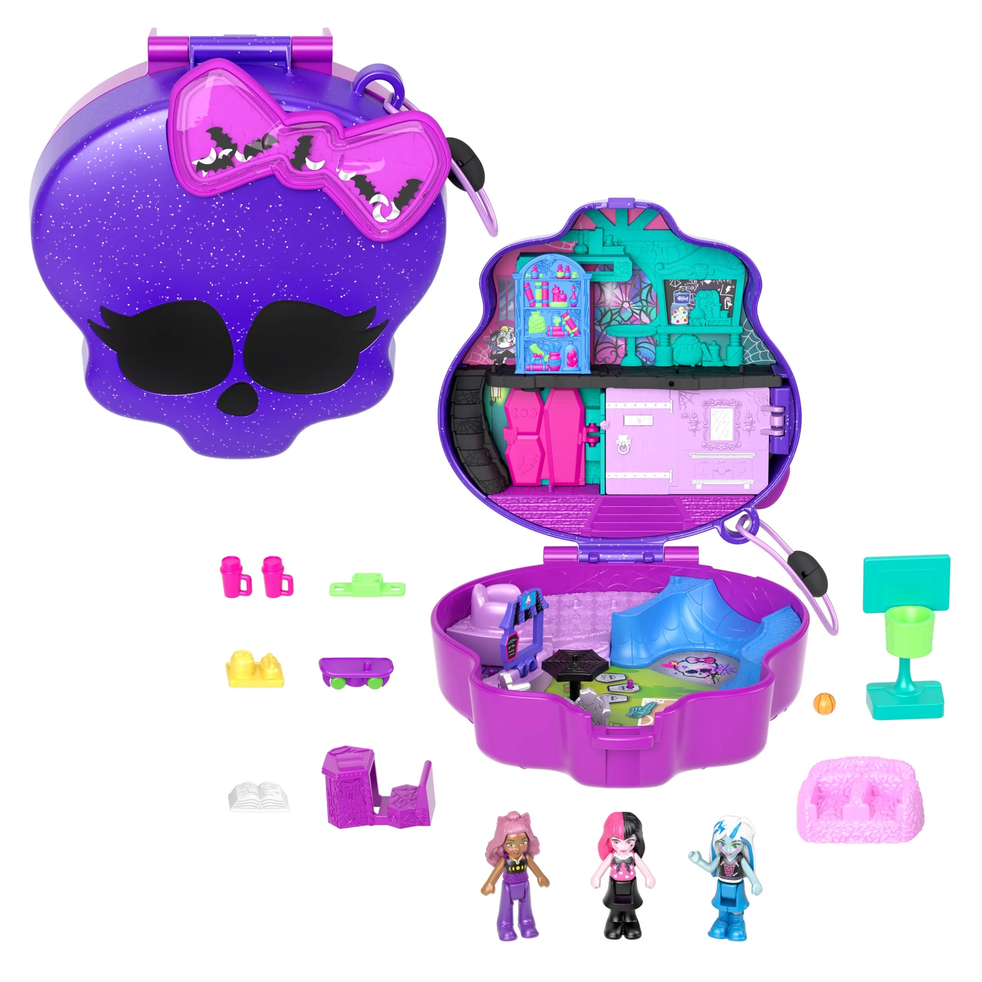 Polly Pocket Monster High Compact with 3 Micro Dolls & 10 Accessories, Opens to High School | Walmart (US)