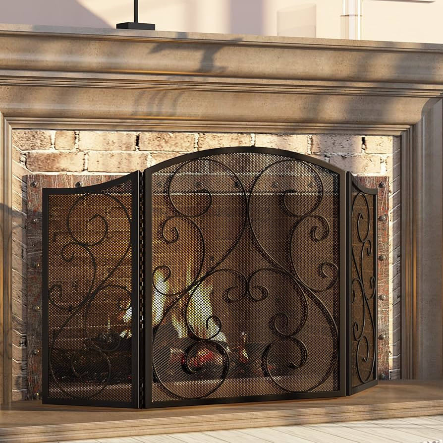 Fire Beauty Fireplace Screen 3 Panel Wrought Iron Metal 48"(L) x30(H) Spark Guard Cover(Sanded Bl... | Amazon (US)