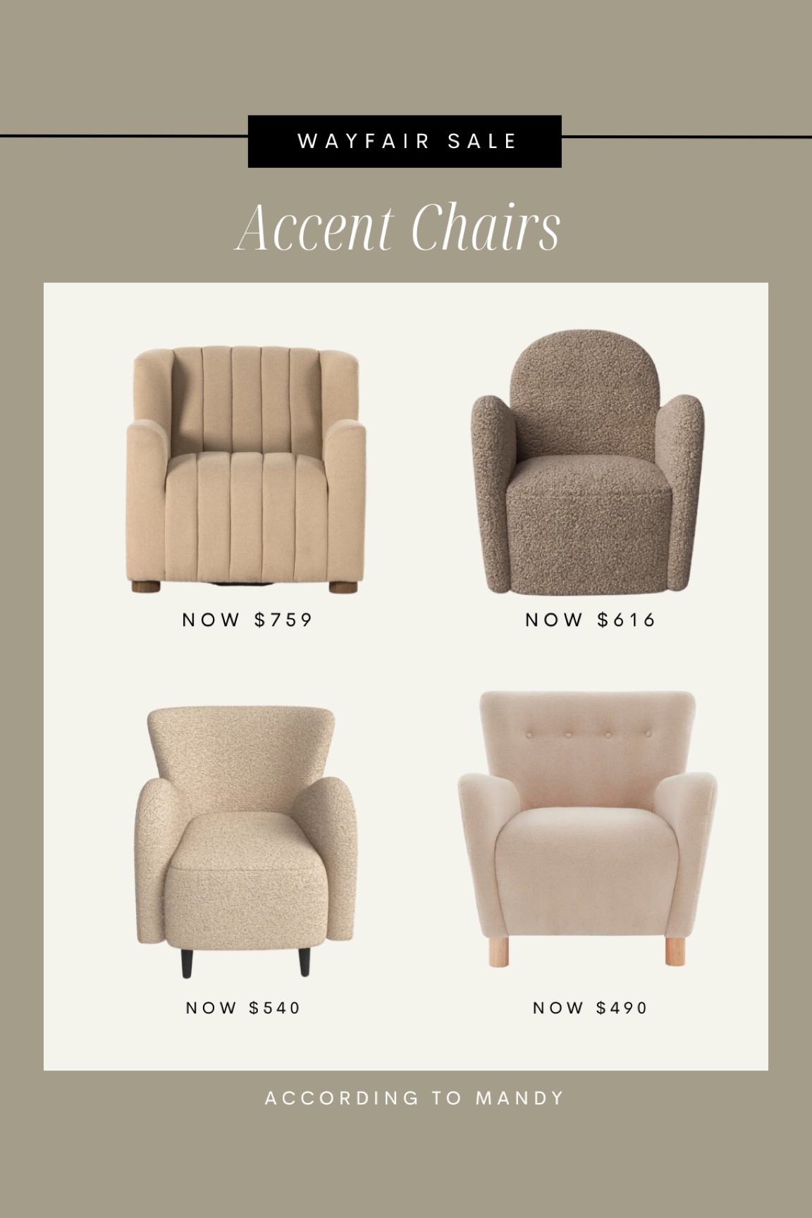 WAYFAIR SALE // accent chairs on super sale

Some of these found on higher end websites for way more!! 

Lounge chair, boucle, neutral home decor, beige, amber interiors, McGee and co, pure salt interiors, sale finds, home finds, living room decor, interiors, organic modern, transitional home decor 

#LTKhome #LTKSale #LTKsalealert