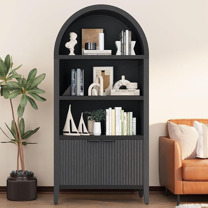 Yusong 71" Tall Arched Cabinet, 5-Tier Arched Bookshelf Black Storage Display Cabinet with Doors ... | Amazon (US)