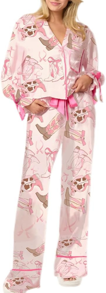 Womens Satin Silk Bow Tie Pajamas Cute Holiday Pjs Set Y2k Ribbon Sleeve Pajama Shirt Ruffle Pant... | Amazon (US)